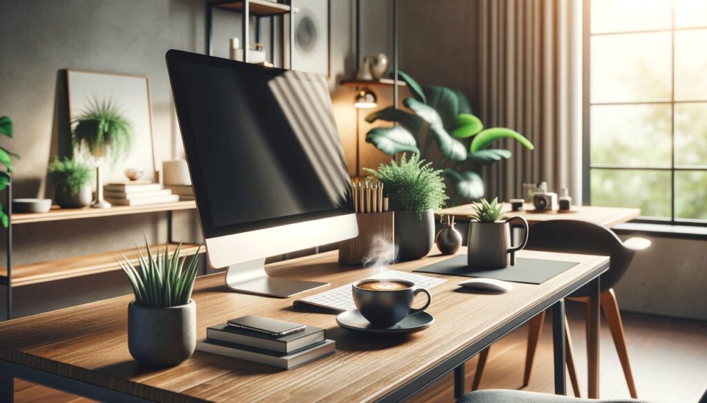 Schreibtisch mit Computer, Pflanzen und Kaffee. Desk with computer, plants and coffee